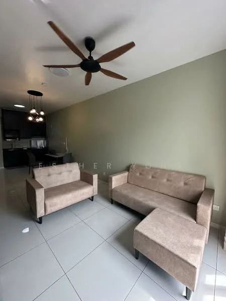 Living features: 2-seater fabric sofa in beige, armchair in beige, coffee table, 5-blade ceiling fan with light, white walls, grey accent wall, recessed downlights, glossy tile flooring; style: modern. Kitchen features: kitchen cabinetry, stainless-steel appliances, open layout; style: modern.