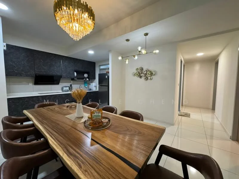 Dining features: wooden dining table, upholstered dining chairs in brown, chandelier with gold accents, recessed ceiling lights, white walls, tile flooring, decorative wall art, centerpiece with decorative items; style: modern. Kitchen features: black cabinetry, white countertop, built-in microwave, stainless-steel sink, kitchen appliances visible, open layout to dining area; style: modern. Hallway features: white walls, tile flooring, recessed lighting.