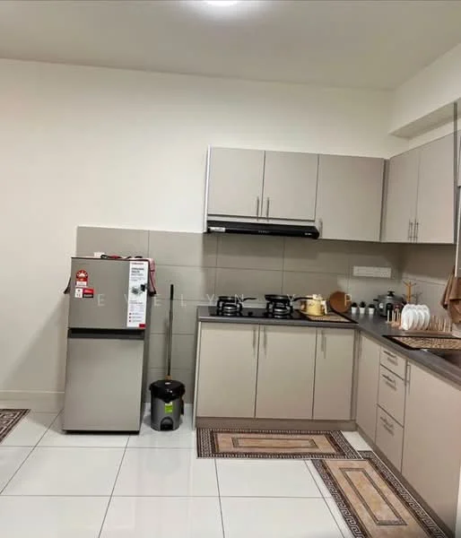 Kitchen features: light grey cabinetry, stainless-steel fridge, built-in gas stove with two burners, black countertop, white tiled backsplash, white ceramic tile flooring, kitchen sink, kitchen utensils on countertop, decorative rug, wall-mounted range hood; style: modern.