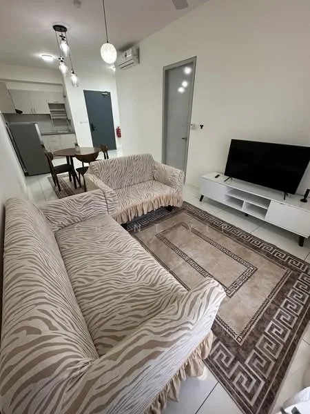 Living features: 2-seater fabric sofa with zebra print, area rug with geometric pattern, wall-mounted TV, TV console in white, recessed ceiling lights, white painted walls, tile flooring, air conditioning unit, coffee table; style: modern. Kitchen features: open kitchen layout, stainless-steel fridge, kitchen cabinetry, countertop, dining area with chairs; style: modern.