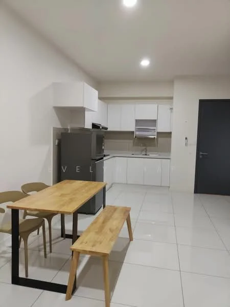 Kitchen features: white cabinetry, stainless-steel fridge, built-in oven, freestanding range oven, white tiled backsplash, marble countertop, 4-seater wooden dining table, wooden bench seating, ceramic tile flooring, recessed LED downlights, single-bowl stainless-steel sink, chrome pull-down faucet; style: modern.