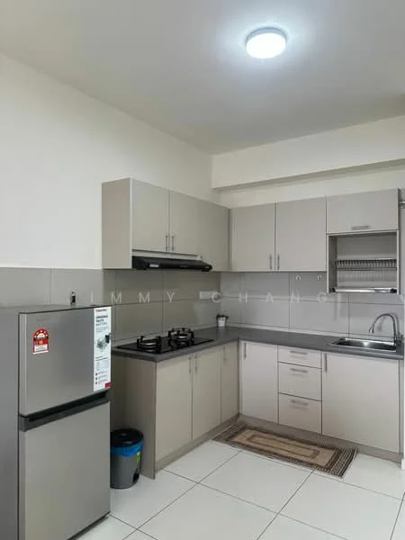 Kitchen features: light grey cabinetry, stainless-steel fridge, built-in gas stove with 2 burners, stainless-steel sink, chrome pull-down faucet, grey countertop, white tiled backsplash, white tiled flooring, overhead cabinets, under-cabinet lighting, recessed ceiling light; style: modern.