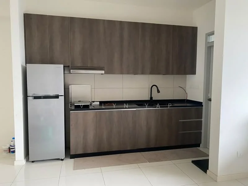 Kitchen features: dark wood cabinetry, black countertop, stainless-steel fridge, built-in oven, single-bowl stainless-steel sink, matte-black gooseneck faucet, white tiled backsplash, ceramic tile flooring, recessed downlights; style: modern.