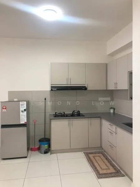 Kitchen features: light grey cabinetry, stainless-steel fridge, built-in gas hob with two burners, stainless-steel range hood, grey countertop, white tiled backsplash, white tiled flooring, recessed ceiling lights, kitchen sink, small rug on floor; style: modern.