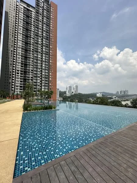 Exterior type: high-rise condominium; features: infinity pool, pool deck with loungers, tiled pool surface with mosaic pattern, landscaped garden area, surrounding greenery, city skyline in background, concrete pathway, modern architectural design; style: modern.