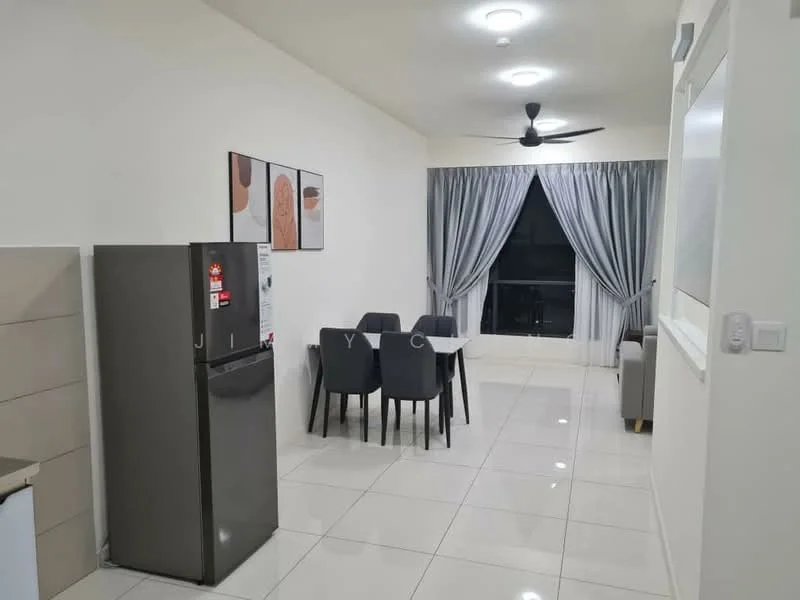 Living features: grey fabric sofa, 4-seater dining table, black dining chairs, stainless-steel fridge, white painted walls, glossy tile flooring, ceiling fan with light, floor-to-ceiling windows with grey curtains, wall-mounted artwork; style: modern.