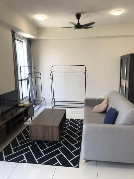 Living features: grey fabric sofa, wood coffee table, black and white geometric area rug, wall-mounted TV, ceiling fan, floor-to-ceiling windows, light grey walls, white tiled flooring, curtains, clothes rack; style: modern.