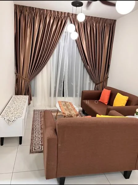 Living features: brown fabric sofa, 2-seater sofa, 3-seater sofa, orange decorative cushions, white coffee table, area rug with geometric pattern, curtains in brown, sheer white curtains, ceiling fan with light, wall-mounted artwork, tile flooring, decorative table runner; style: modern.