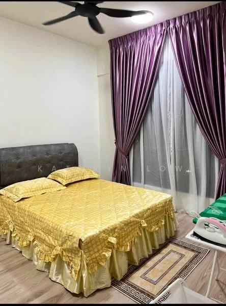 Bedroom features: queen-size bed with yellow bedding, grey upholstered headboard, wooden flooring, purple curtains, sheer window treatments, ceiling fan, decorative area rug, wall-mounted light fixture; style: modern.