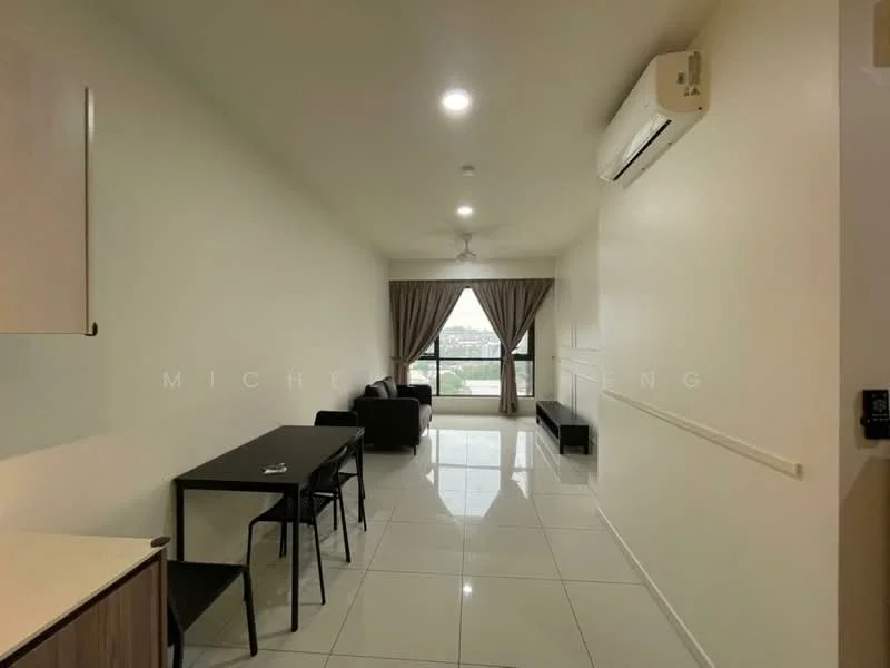 Living features: white painted walls, glossy ceramic tile flooring, 5-blade ceiling fan with light, floor-to-ceiling windows, sheer curtains, blackout curtains, 2-seater fabric sofa in black, dining table for 4 with black chairs, air conditioning unit, decorative wall panel, neutral color scheme; style: modern; view: city.