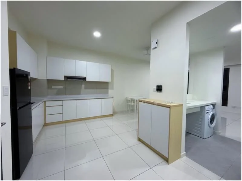 Kitchen features: white cabinets with wooden accents, grey countertop, stainless-steel fridge, built-in oven, ceramic tile flooring, recessed downlights, single-bowl stainless-steel sink, chrome pull-down faucet, open shelving, washing machine, dining table with chairs, white backsplash; style: modern.