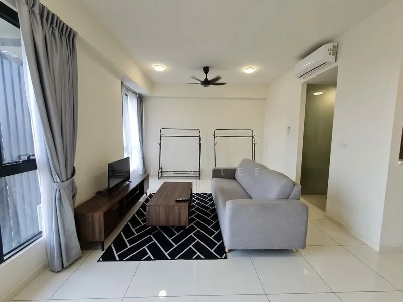 Living features: grey fabric sofa, wood coffee table, black and white geometric area rug, wall-mounted TV, TV console, 5-blade ceiling fan with light, floor-to-ceiling windows, sheer curtains, white painted walls, glossy tile flooring, air conditioning unit; style: modern.