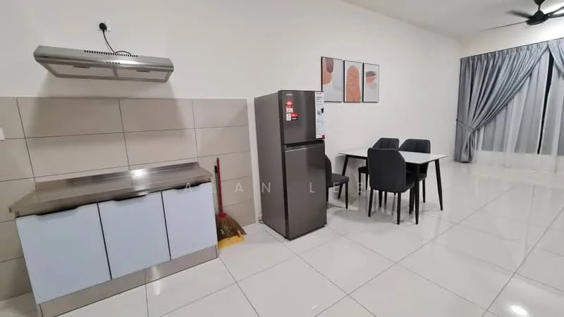 Kitchen features: stainless-steel range hood, grey cabinetry with blue accents, stainless-steel fridge, ceramic tile flooring, white painted walls, dining table with four black chairs, floor-to-ceiling window with grey curtains, broom visible in corner; style: modern.
