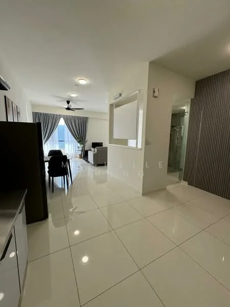 Living features: white painted walls, glossy white tile flooring, 5-blade ceiling fan with light, large window with sheer curtains, sofa, dining table with chairs, TV console, open layout, recessed lighting; style: modern; view: city. Room features: glass shower enclosure, tile flooring, white walls.