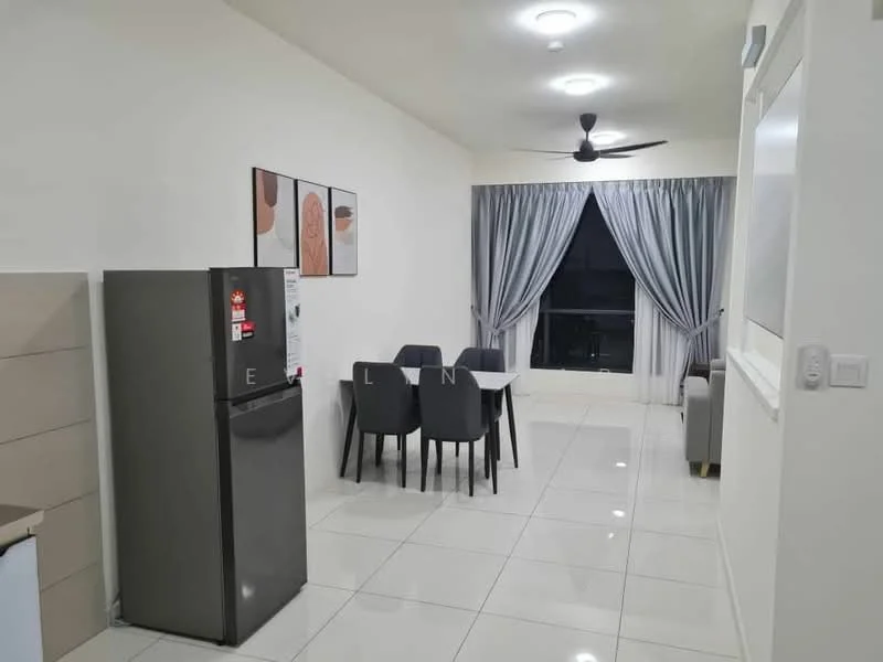 Living features: grey fabric sofa, 4-seater dining table, black dining chairs, stainless-steel fridge, white tiled flooring, white painted walls, curtains in grey, ceiling fan with light, wall-mounted artwork; style: modern.