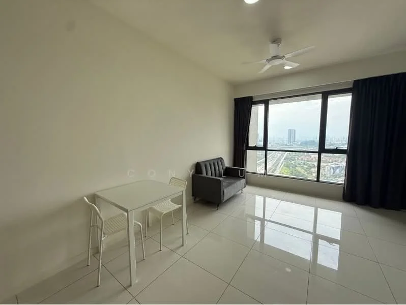 Living features: large floor-to-ceiling windows, grey fabric sofa, white dining table, 4 white dining chairs, white tiled flooring, plain white walls, ceiling fan, black curtains, city view; style: modern; view: city.