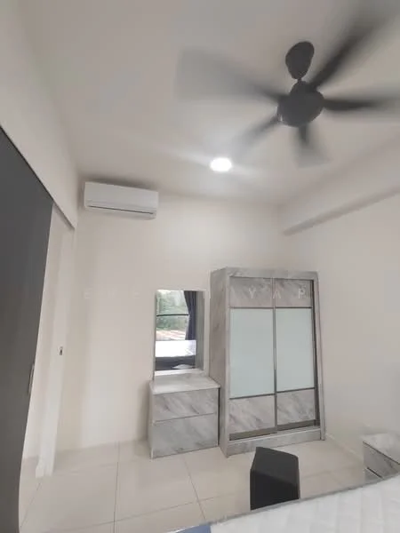 Bedroom features: white painted walls, tile flooring, 5-blade ceiling fan, wall-mounted split AC, built-in wardrobe with sliding doors, dressing table with mirror, window with view, natural light from window; style: modern; view: garden.