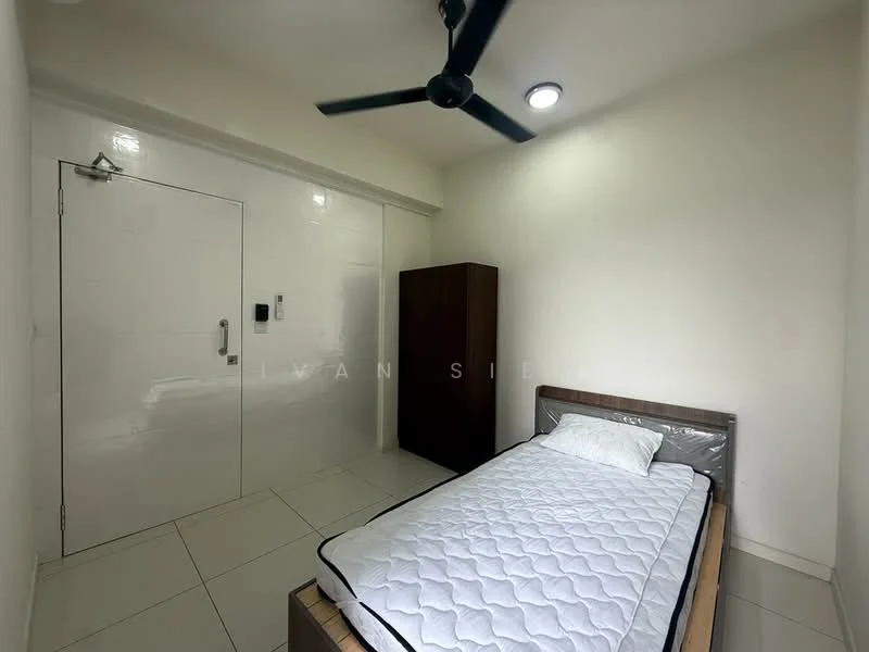 Bedroom features: single bed, mattress, wooden bed frame, white walls, white tiled flooring, ceiling fan, built-in wardrobe, door with security panel, light fixture; style: modern.