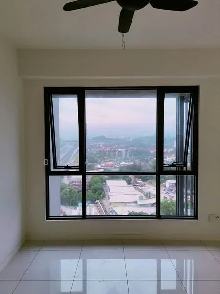 Room features: floor-to-ceiling windows, black window frames, white painted walls, glossy white tile flooring, ceiling fan; style: modern; view: city.