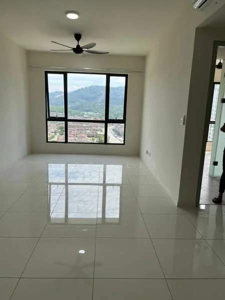 Living features: white painted walls, glossy white tile flooring, 5-blade ceiling fan with light, floor-to-ceiling windows, mountain view, natural light, recessed downlights; style: modern; view: mountain.