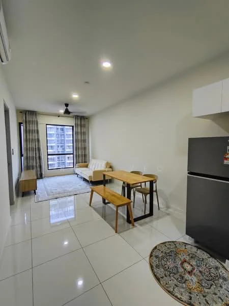 Living features: white painted walls, glossy white tile flooring, 5-blade ceiling fan with light, sofa in cream color, wooden dining table with two benches, refrigerator in stainless steel, area rug with intricate pattern, floor-to-ceiling windows with sheer curtains; style: modern; view: city.