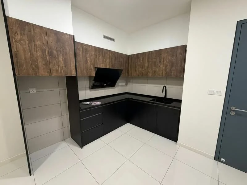 Kitchen features: black countertop, black cabinetry, wooden upper cabinets with a textured finish, single-bowl stainless-steel sink, chrome pull-down faucet, built-in wall-mounted oven, ceramic tile flooring, white painted walls, recessed downlights; style: modern.