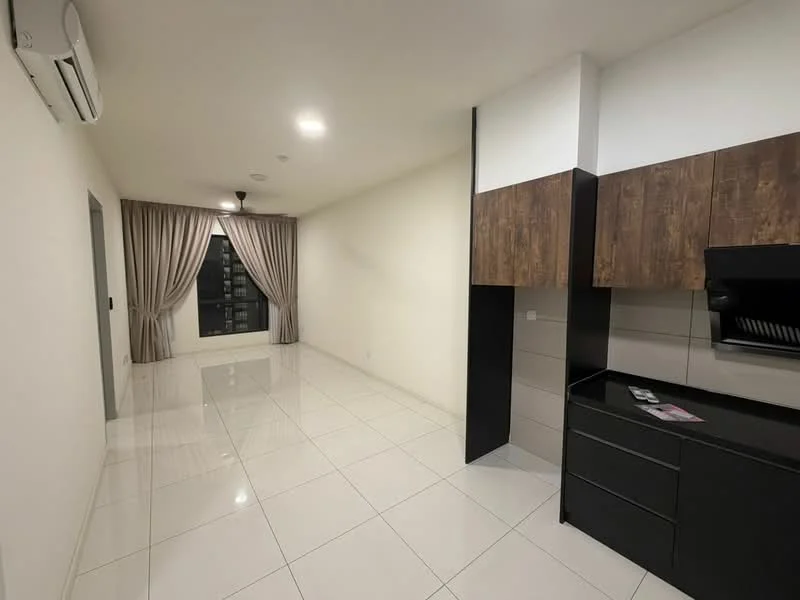 Living features: white painted walls, glossy white tile flooring, recessed downlights, 5-blade ceiling fan, curtains in beige, black cabinetry, wooden accent cabinetry, floor-to-ceiling windows; style: modern.