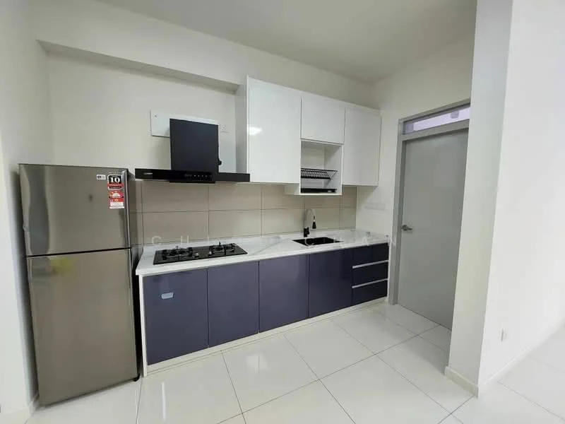 Kitchen features: white painted walls, glossy white cabinetry, dark blue lower cabinets, stainless-steel fridge, built-in oven, 4-burner gas hob, black range hood, white countertop, ceramic tile flooring, single-bowl stainless-steel sink, chrome pull-down faucet, open shelving, wall-mounted kitchen rack; style: modern.