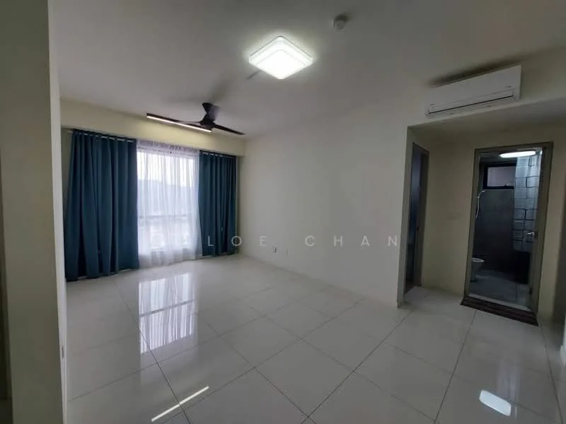 Living features: white painted walls, glossy ceramic tile flooring, 5-blade ceiling fan with light, floor-to-ceiling windows, sheer curtains, air conditioning unit, recessed ceiling lights; style: modern.