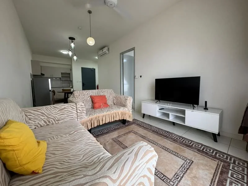 Living features: sofa with zebra print upholstery, yellow throw pillow, coffee table, wall-mounted TV, TV console in white, area rug with geometric pattern, recessed downlights, ceiling fan, white painted walls, tile flooring; style: modern.