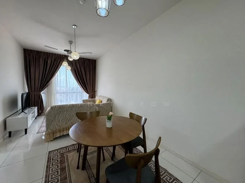 Living features: floor-to-ceiling windows, sheer curtains, 3-blade ceiling fan, 2-seater fabric sofa in beige, coffee table, TV console, wall-mounted TV, area rug with geometric pattern, 6-seater dining table, upholstered dining chairs, decorative plant in ceramic pot, white painted walls, tile flooring; style: modern; view: city.