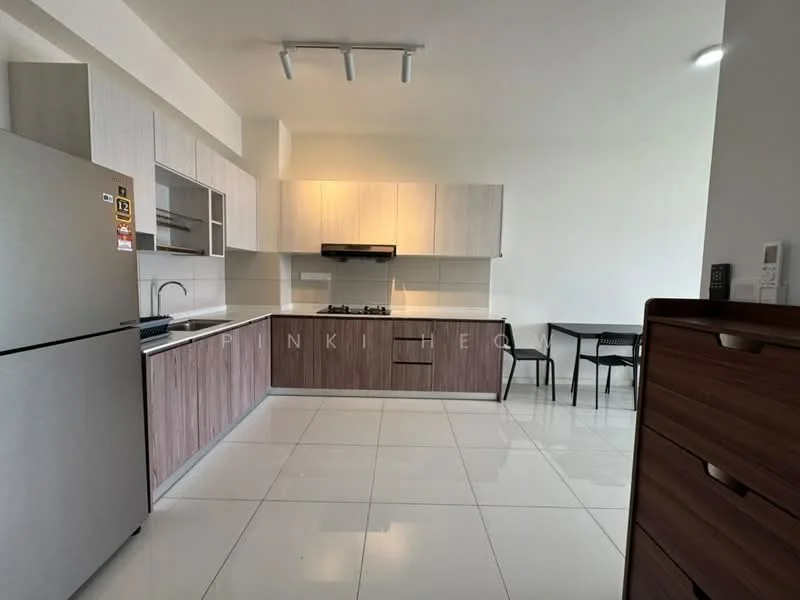Kitchen features: stainless-steel fridge, built-in oven, 4-burner gas hob, single-bowl stainless-steel sink, chrome pull-down faucet, white laminate cabinetry, dark wood lower cabinets, white tiled backsplash, white walls, recessed downlights, ceramic tile flooring, dining table with black chairs; style: modern.