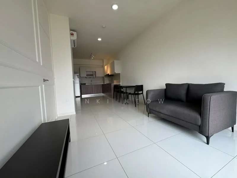 Living features: grey fabric sofa, white tiled flooring, recessed downlights, wall-mounted split AC, black TV console, open layout to kitchen, large windows for natural light, neutral painted walls; style: modern. Kitchen features: white cabinetry, stainless-steel appliances, open-plan layout, kitchen island, countertop with space for seating; style: modern.