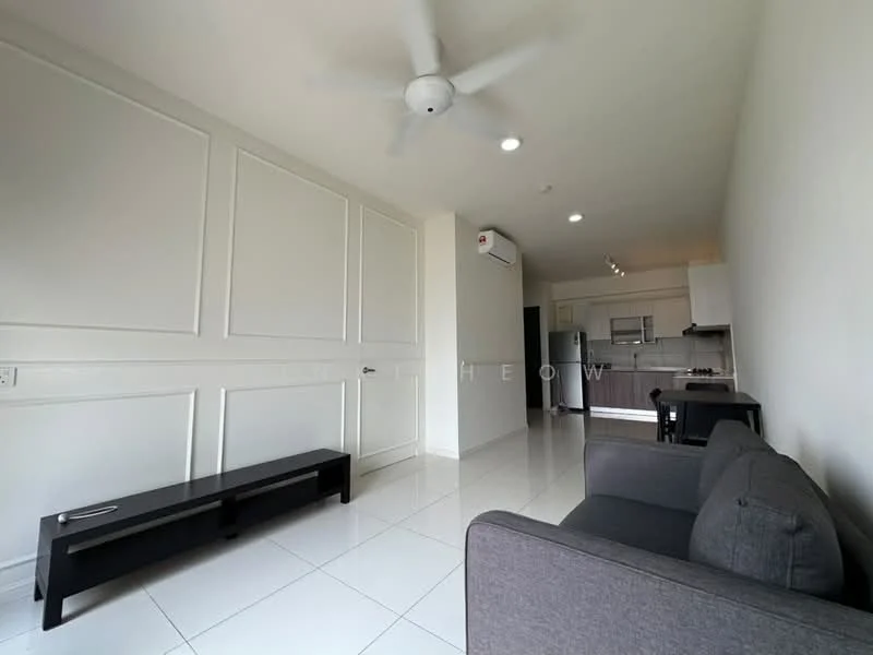 Living features: white painted walls, polished ceramic tile flooring, 5-blade ceiling fan with light, wall-mounted air conditioning unit, sofa in grey fabric, black wooden TV console, recessed downlights, open layout to kitchen; style: modern. Kitchen features: white cabinetry, stainless-steel sink, built-in oven, freestanding range oven, microwave, grey countertops, open layout to living area; style: modern.