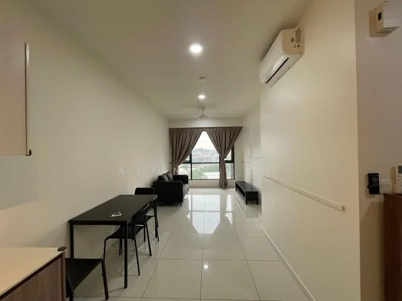 Living features: white painted walls, glossy ceramic tile flooring, 5-blade ceiling fan with light, floor-to-ceiling windows, curtains, black leather sofa, dining table with 4 black chairs, air conditioning unit; style: modern; view: city.