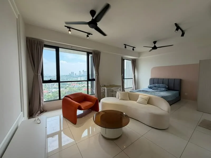 Room features: floor-to-ceiling windows, city view, 2 ceiling fans, light-colored walls, white tiled flooring, upholstered bed frame, blue bedding, round coffee table, curved white sofa, orange accent chair, curtains, track lighting; style: modern.