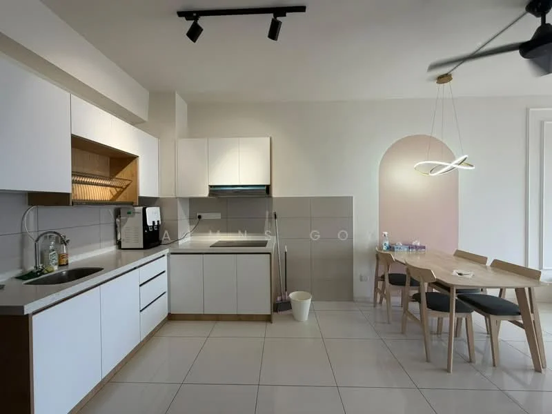 Kitchen features: white cabinetry, wood accents on cabinetry, marble countertop, single-bowl stainless-steel sink, chrome pull-down faucet, built-in oven, freestanding range oven, refrigerator, tile backsplash, track lighting, pendant light, dining table with chairs, floor-to-ceiling windows, ceramic tile flooring; style: modern.