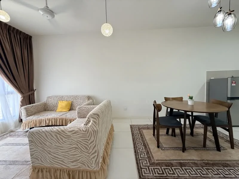 Living features: 3-seater fabric sofa with zebra print, yellow decorative cushion, round wooden dining table, 4 wooden dining chairs, pendant lighting with glass shades, ceiling fan, area rug with geometric pattern, curtains in brown fabric, refrigerator, white painted walls, tile flooring; style: modern.