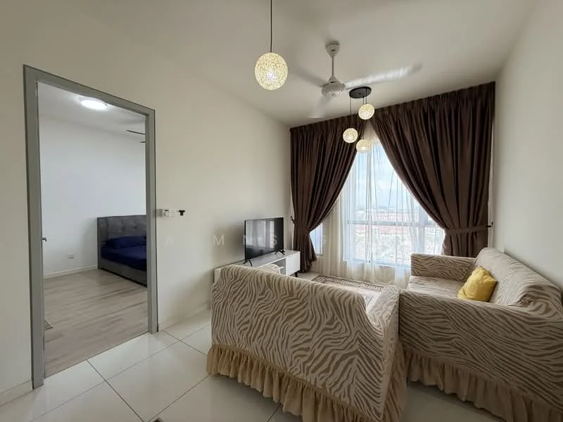 Living features: sofa with zebra print upholstery, yellow decorative cushion, TV console, floor-to-ceiling windows, curtains in dark brown, hanging pendant lights, ceiling fan, white painted walls, tile flooring; style: modern; view: city. Room features: bedroom with grey upholstered bed, white walls, wooden flooring.