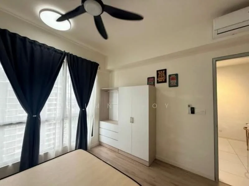 Bedroom features: queen-size bed, 5-blade ceiling fan with light, floor-to-ceiling windows, blackout curtains, light wood flooring, white painted walls, built-in wardrobe, decorative wall art, air conditioning unit; style: modern; view: city.