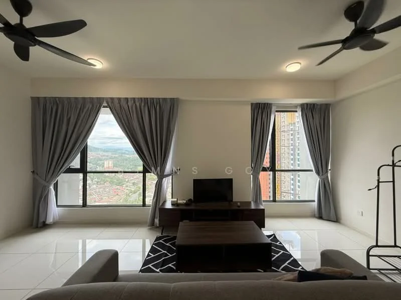 Living features: floor-to-ceiling windows, grey curtains, 2 ceiling fans, wall-mounted TV, coffee table, sofa in light grey, area rug with geometric pattern, light-colored walls, polished tile flooring; style: modern; view: city.