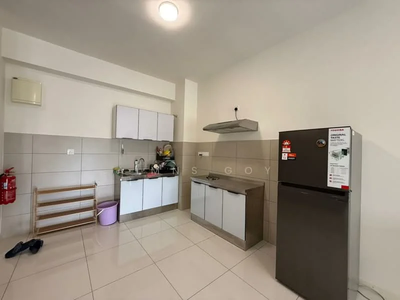 Kitchen features: white cabinetry, grey countertop, stainless-steel sink, chrome pull-down faucet, built-in kitchen hood, freestanding fridge, ceramic tile flooring, wall-mounted fire extinguisher, open shelving, purple waste bin, sliding door cabinet, wall tiles in beige, light fixture on ceiling; style: modern.