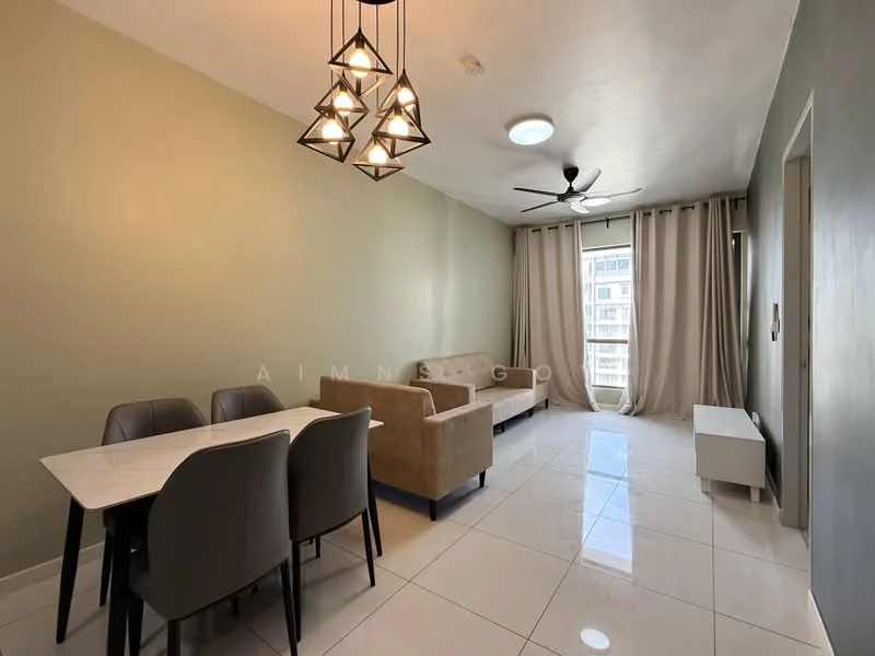 Living features: 3-seater fabric sofa in beige, dining table for 4 with marble top, 4 upholstered dining chairs, white TV console, ceiling fan with light, pendant lighting fixture, floor-to-ceiling windows with sheer curtains, white tiled flooring, light green painted walls, recessed ceiling light; style: modern; view: city.