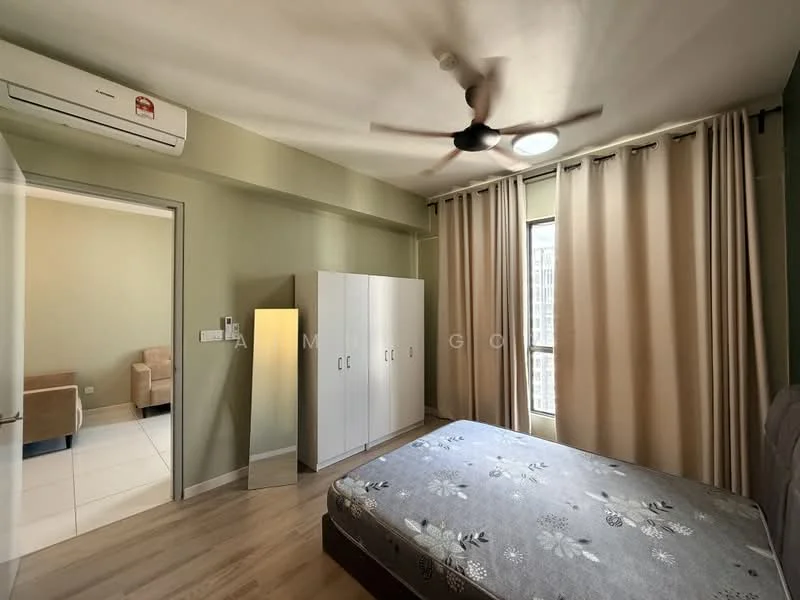 Bedroom features: queen-size bed, upholstered headboard, bedside lamps, built-in wardrobe with sliding doors, floor-to-ceiling window, curtains, 5-blade ceiling fan, wooden flooring, mirror, air conditioning unit; style: modern; view: city.