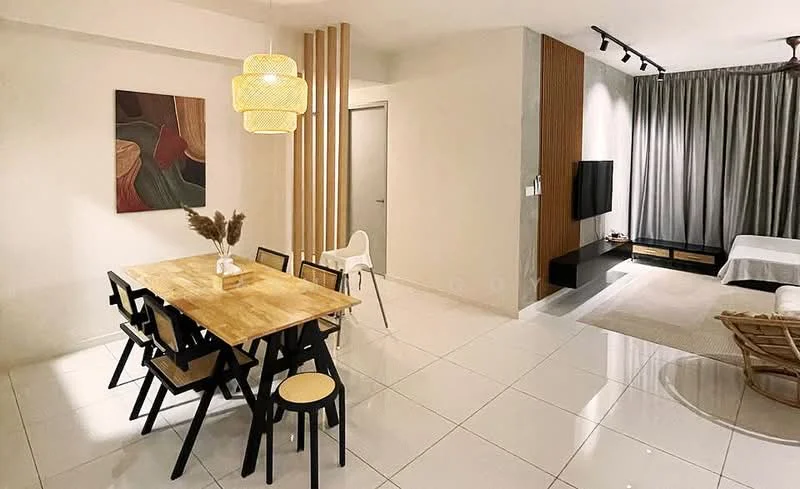 Dining features: wooden dining table, 8 black dining chairs, pendant light fixture, framed artwork on wall, white tiled flooring, neutral painted walls; style: modern. Living features: sofa, coffee table, TV console, wall-mounted TV, curtains, wood panel accent wall, recessed lighting; style: modern.
