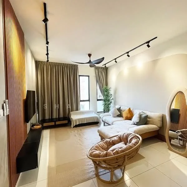 Living features: 3-seater fabric sofa in cream, round coffee table, TV console, wall-mounted TV, floor-to-ceiling windows, sheer curtains, 5-blade ceiling fan with light, decorative wall with wood paneling, area rug, houseplant in ceramic pot, accent pillows in orange and beige; style: modern. Room features: bed with white bedding, decorative mirror, light-colored walls, recessed lighting.