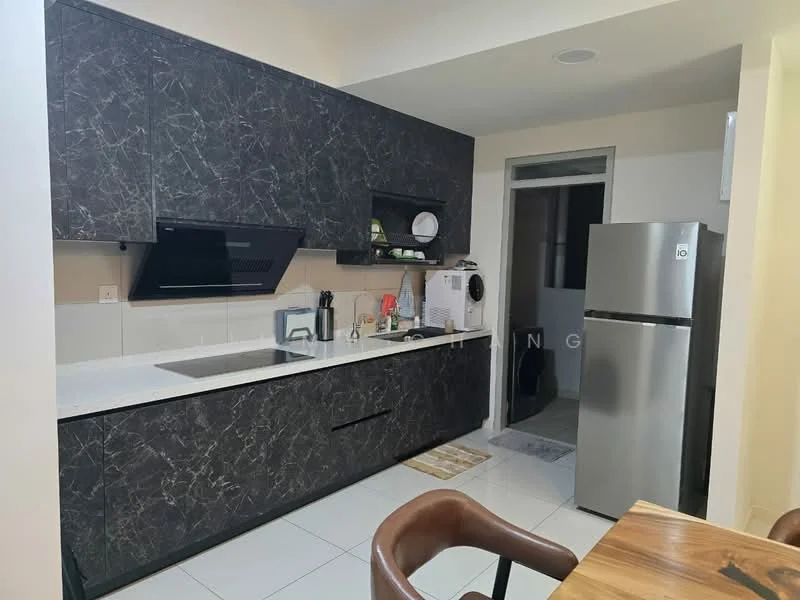 Kitchen features: black marble countertop, dark wood cabinetry, single-bowl stainless-steel sink, chrome pull-down faucet, built-in oven, stainless-steel fridge, ceramic tile flooring, wall-mounted range hood, open shelving, white backsplash, kitchen island, recessed downlights; style: modern.