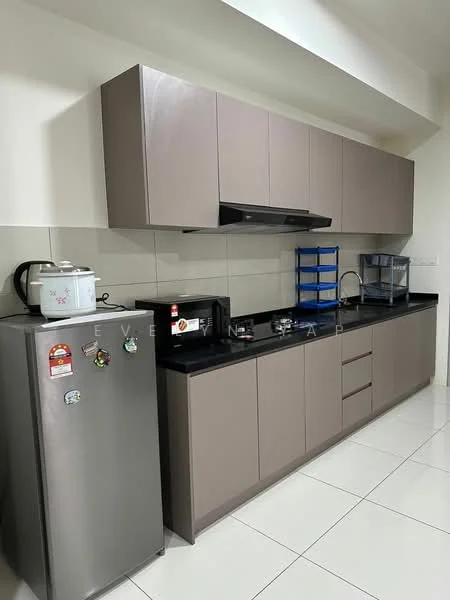 Kitchen features: brown flat-panel cabinetry, black granite countertop, stainless-steel fridge, built-in gas stove, black range hood, microwave, kitchen sink, white tiled backsplash, white floor tiles, blue metal shelving unit, electric kettle, rice cooker; style: modern.