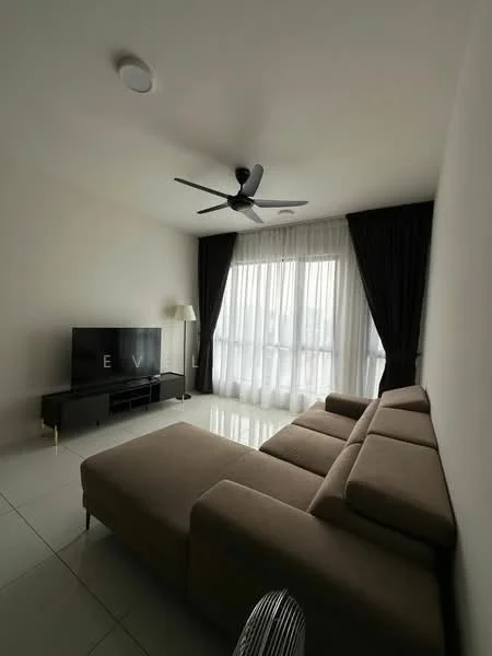 Living features: L-shape sectional sofa in beige, black TV console, wall-mounted TV, floor-to-ceiling windows, sheer curtains, blackout curtains, 5-blade ceiling fan with light, recessed downlights, glossy tile flooring, decorative wall with minimal decor; style: modern.