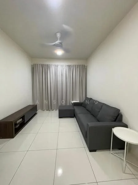 Living features: grey fabric sofa, white side table, wooden TV console, floor-to-ceiling windows, sheer curtains, white painted walls, polished ceramic tile flooring, ceiling fan with light; style: modern.